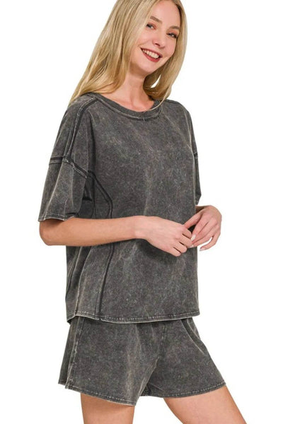 Zenana Acid Washed Short Sleeve Tee & Shorts Set - Ebony's Shopping