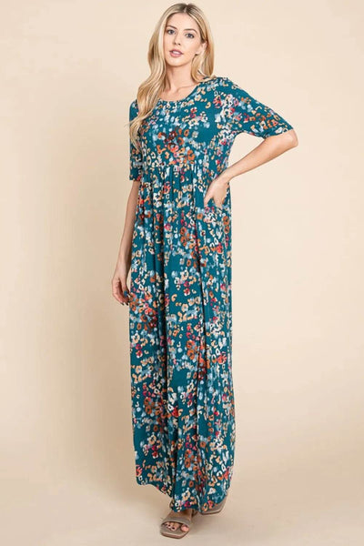BOMBOM Printed Shirred Maxi Dress - Ebony's Shopping