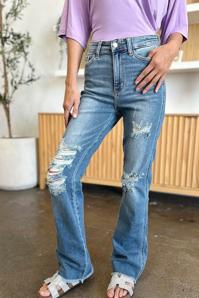 Judy Blue Full Size Distressed Raw Hem Bootcut Jeans - Ebony's Shopping