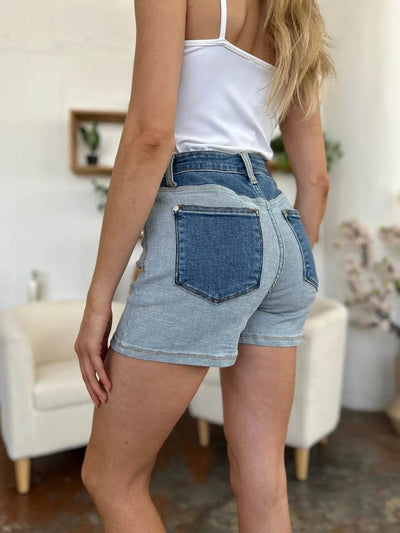Judy Blue Full Size Color Block Denim Shorts - Ebony's Shopping