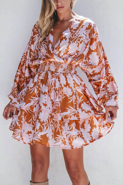 Smocked Printed Long Sleeve Mini Dress - Ebony's Shopping