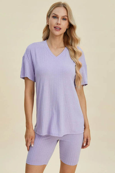 Basic Bae Full Size Ribbed V-Neck Short Sleeve Top and Shorts Set - Ebony's Shopping