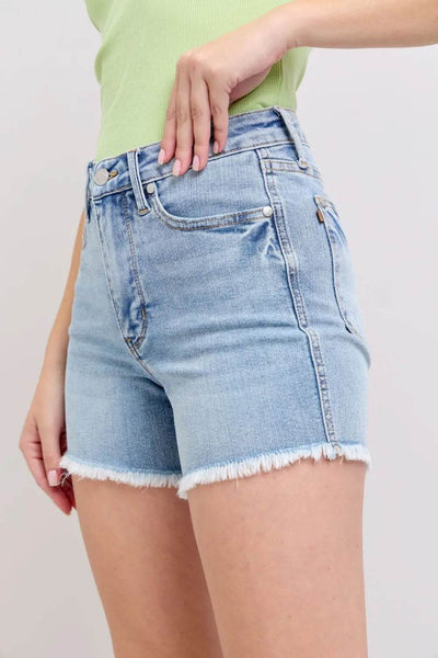 Judy Blue Full Size Tummy Control Raw Hem Denim Shorts Plus Size - Ebony's Shopping
