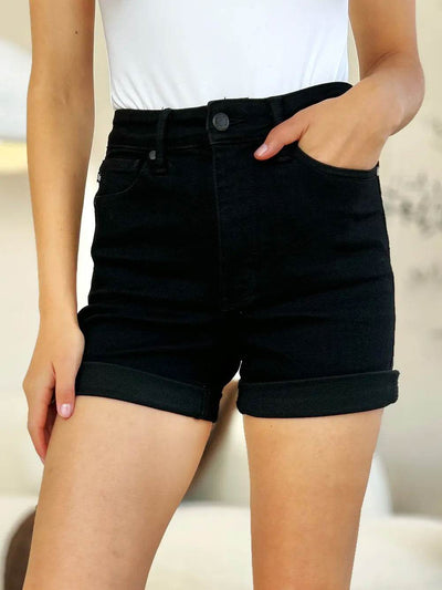 Judy Blue Full Size High Waist Tummy Control Cuffed Denim Shorts - Ebony's Shopping