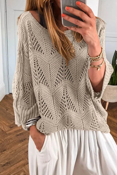 Openwork Round Neck Knit Top - Ebony's Shopping