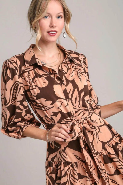 Umgee Full Size Two Tone Floral Print Puff Sleeve Tie Waist Dress Plus Size - Ebony's Shopping