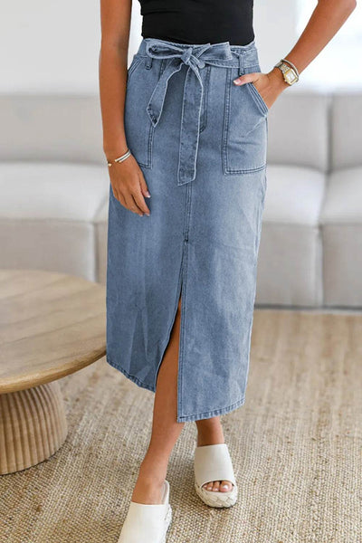Tied Slit Denim Skirt - Ebony's Shopping