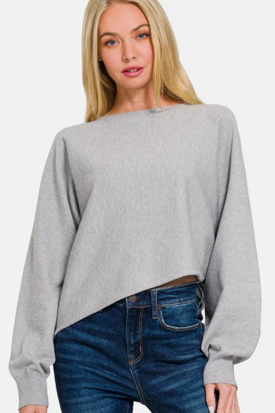 Zenana Asymmetric Hem Long Sleeve Sweater - Ebony's Shopping