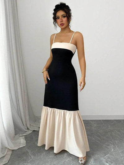 Two-Tone Spaghetti Strap Maxi Dress - Ebony's Shopping