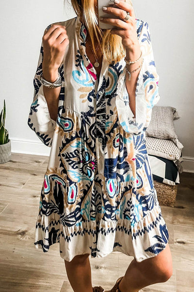 White Printed Tribal Bracelet Sleeve Buttoned Mini Dress - Ebony's Shopping