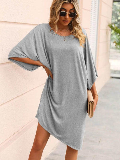 Ivy Lane Round Neck Three-Quarter Sleeve Tee Dress - Ebony's Shopping