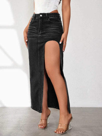 High Rise Slit Denim Skirt - Ebony's Shopping