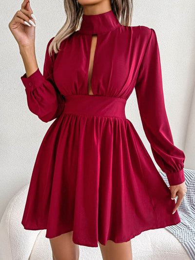 Cutout Turtleneck A-Line Mini Dress - Ebony's Shopping