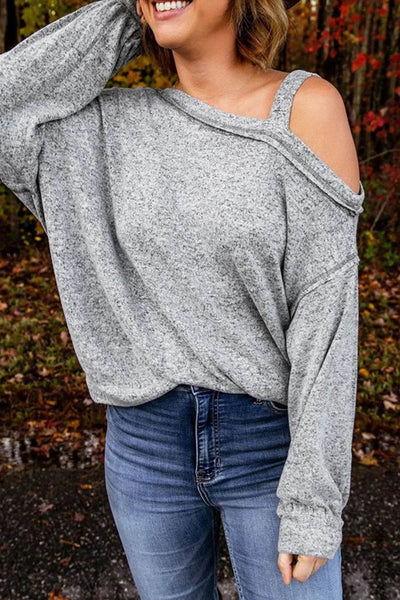 Asymmetrical Neck Long Sleeve T-Shirt - Ebony's Shopping
