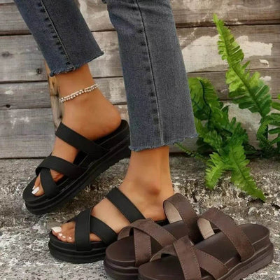 Crisscross PU Leather Flat Sandals - Ebony's Shopping