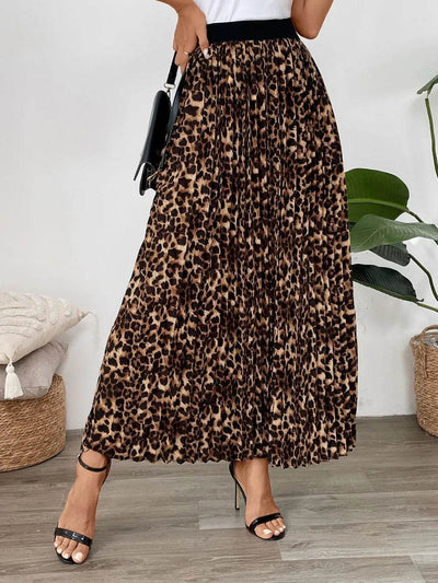 Perfee Pleated Leopard Maxi Skirt - Ebony's Shopping