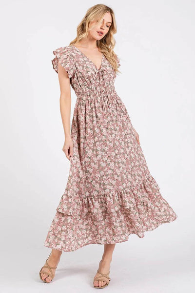 Mittoshop Flower Print Ruffle Cap Sleeve V-neck Midi Dress - Ebony's Shopping