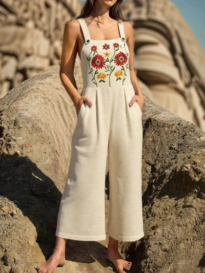Floral Embroidered Wide Leg Jumpsuit - Ebony's Shopping