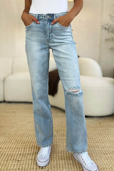 Judy Blue Full Size High Waist Distressed Straight Jeans - Ebony's Shopping