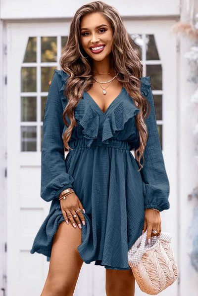 Ruffle Trim V-Neck Long Sleeve Mini Dress - Ebony's Shopping