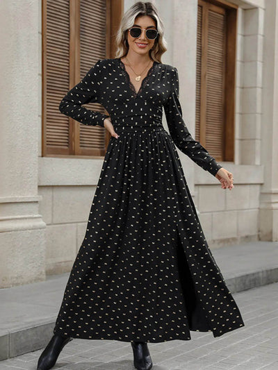 Bow Long Sleeve V-Neck Maxi Dress - Ebony's Shopping