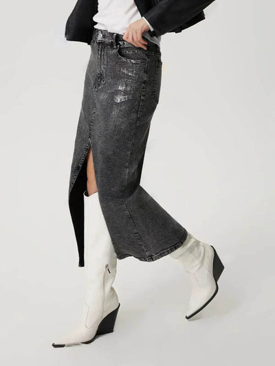 Slit Midi Denim Skirt with Pockets - Ebony's Shopping