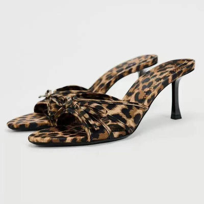 Bow Leopard Kitten Heel Sandals - Ebony's Shopping