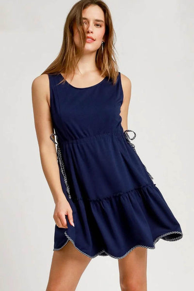 Umgee Frill Drawstring Waist Round Neck Mini Tank Dress - Ebony's Shopping
