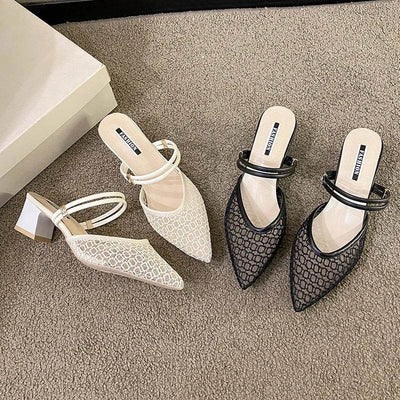 Point Toe Block Heel Sandals - Ebony's Shopping