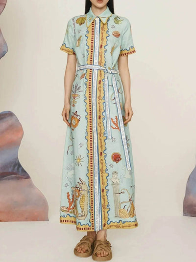 Printed Short Sleeve Maxi Shirt Dress with Belt - Ebony's Shopping