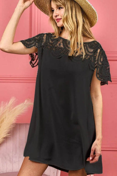 BiBi Crochet Lace Yoke Detailed Wrinkled Dress - Ebony's Shopping
