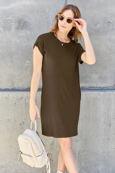 Basic Bae Full Size Round Neck Short Sleeve Dress with Pockets - Ebony's Shopping
