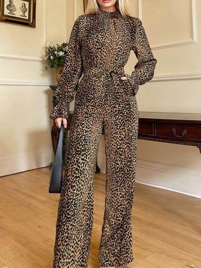 Leopard Flounce Sleeve Wide Leg Jumpsuit - Ebony's Shopping