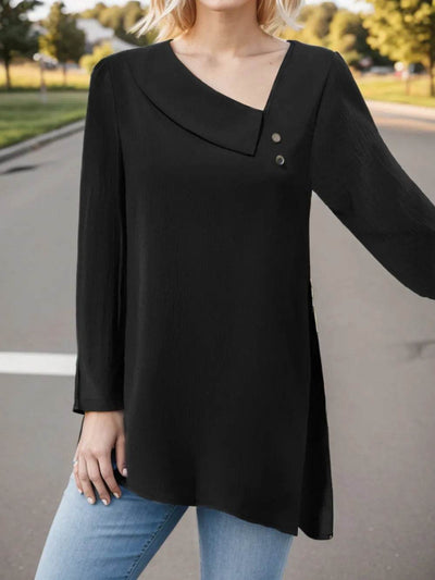 Asymmetrical Neck Long Sleeve Blouse - Ebony's Shopping