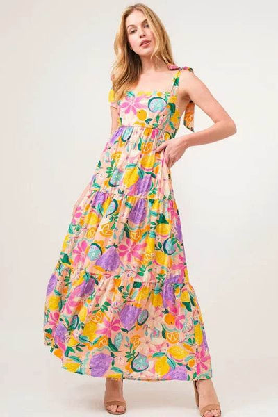 And The Why Shoulder Strap Tropical Fruit Printed Tiered Maxi Dress - Ebony's Shopping