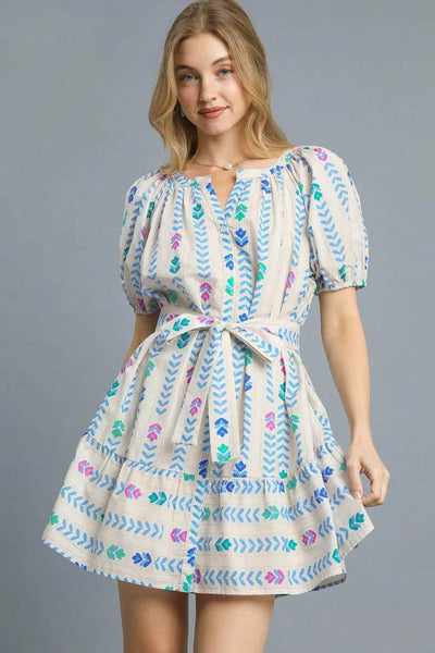 Umgee Printed Tie Waist Puff Short Sleeve Mini Dress - Ebony's Shopping