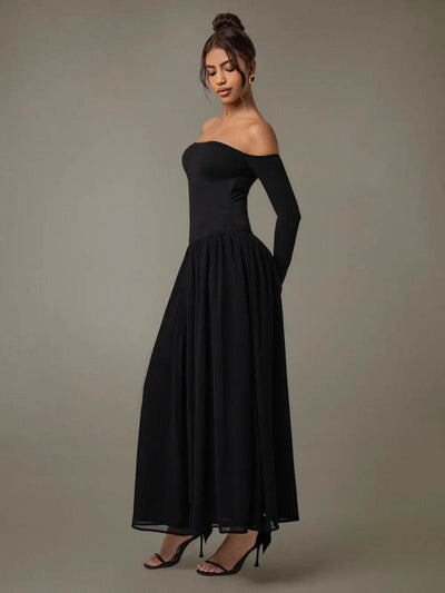 Off Shoulder Long Sleeve Maxi Dress - Ebony's Shopping