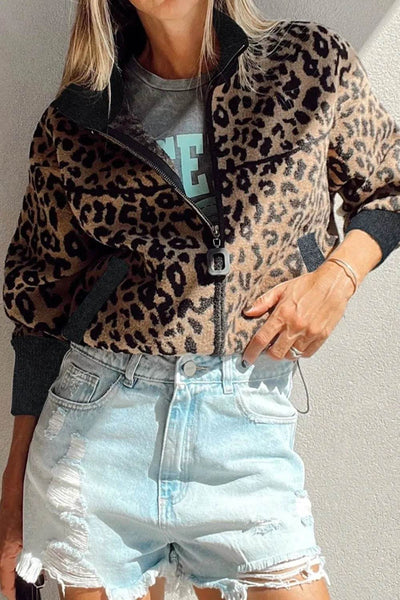 Leopard Zip Up Long Sleeve Jacket - Ebony's Shopping