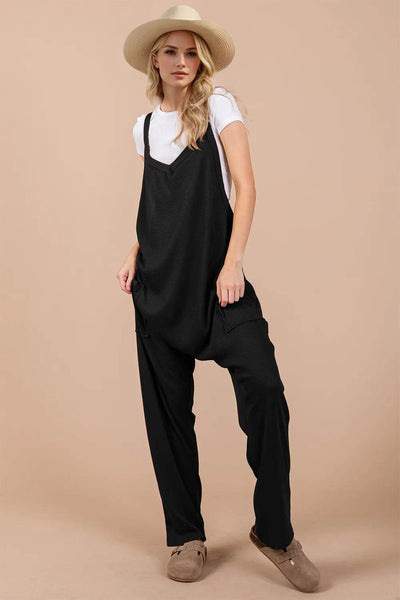Oh Full Size V-Neck Wide Strap Overalls with Pockets - Ebony's Shopping