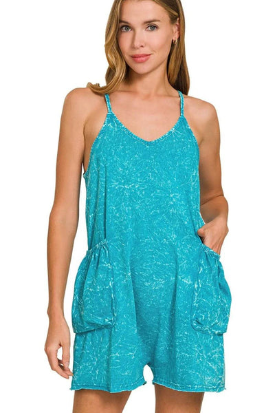 Zenana Acid Crinkle Washed Spaghetti Strap Romper - Ebony's Shopping