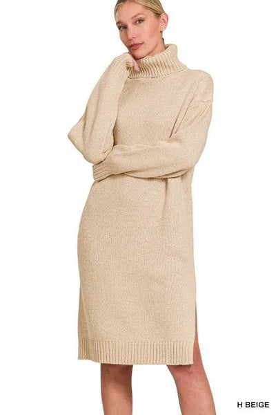 Zenana Turtle Neck Long Sleeve Midi Sweater Dress - Ebony's Shopping
