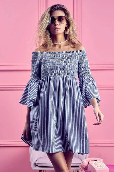 BiBi Smocked Off Shoulder Striped Dress - Ebony's Shopping