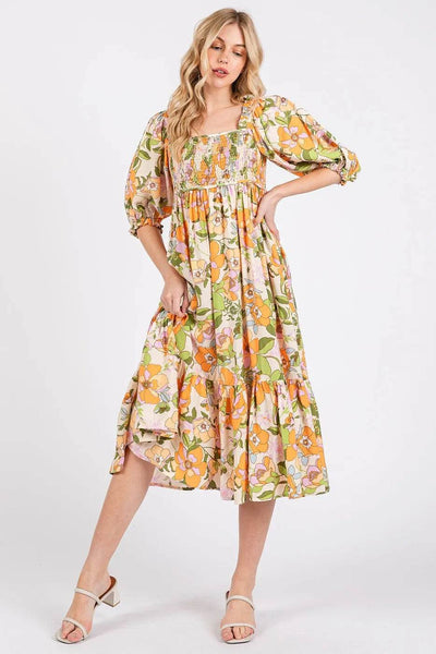 Mittoshop Flower Print Puff Sleeve Ruffle Smocked Midi Dress - Ebony's Shopping