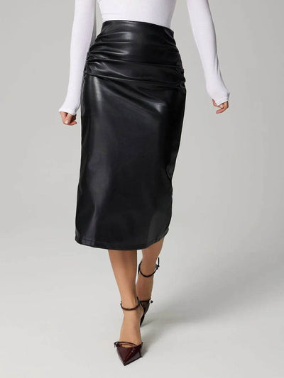 Slit Back Ruched Midi Skirt - Ebony's Shopping
