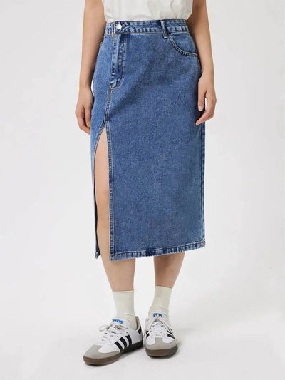 Slit Midi Denim Skirt with Pockets - Ebony's Shopping