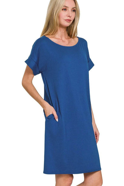Zenana Rolled Short Sleeve Round Neck Dress - Ebony's Shopping