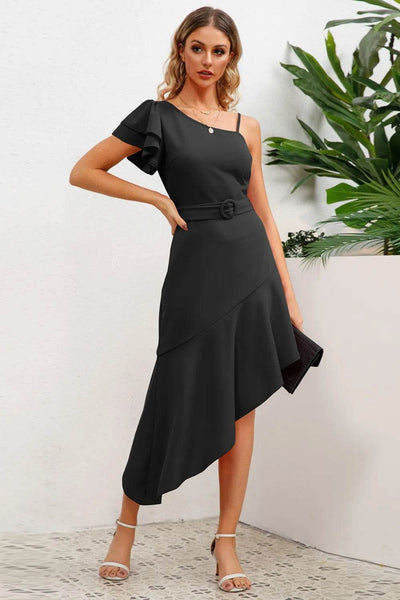 Ruffled Asymmetrical Neck Flutter Sleeve Dress - Ebony's Shopping