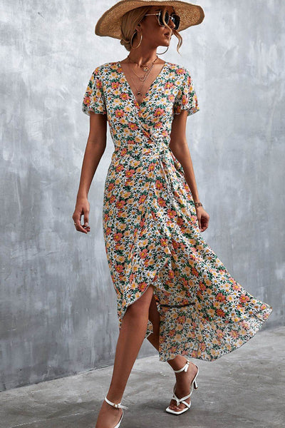 Floral Surplice Neck Tied Midi Dress - Ebony's Shopping