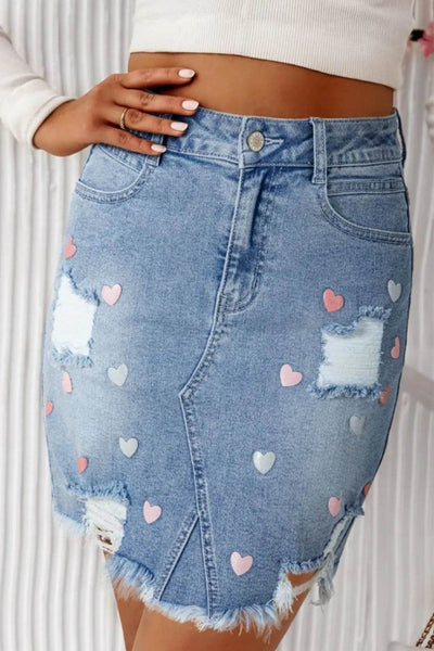 Distressed Raw Hem Heart Denim Skirt - Ebony's Shopping