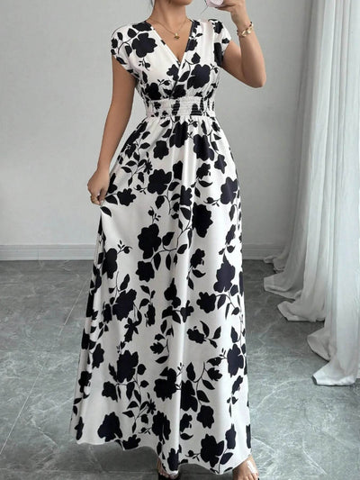 Printed Surplice Cap Sleeve Maxi Dress - Ebony's Shopping